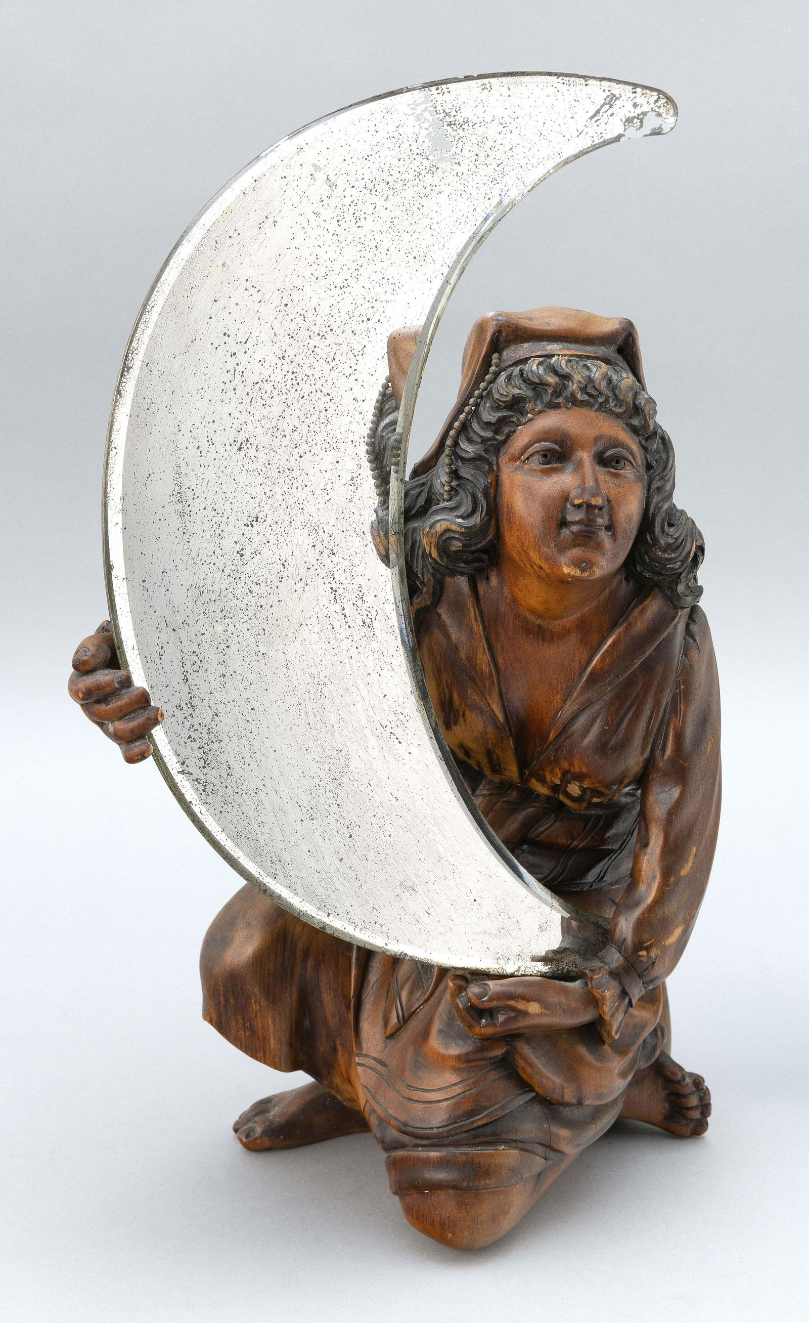 CONTINENTAL CARVED WALNUT FIGURAL TABLETOP MIRROR Early (1 of 3)