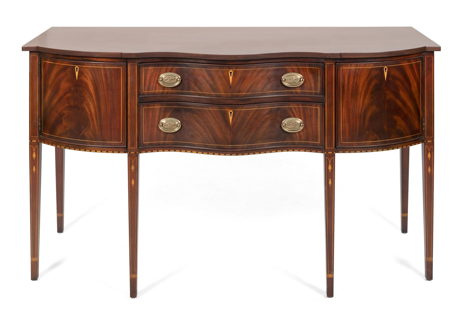HEPPLEWHITE-STYLE SIDEBOAD BY HENKEL HARRIS Virginia,: HEPPLEWHITE-STYLE SIDEBOAD BY HENKEL HARRIS Virginia, Circa 2000 In mahogany, with string and bell flower inlay. Height 38.5”. Width 66”. Depth 26”.