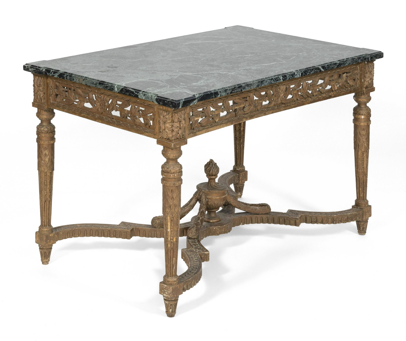 FRENCH LOUIS XVI CARVED GILTWOOD CENTER TABLE Mid-19th: FRENCH LOUIS XVI CARVED GILTWOOD CENTER TABLE Mid-19th Century Dark green maurin marble top with canted corners. Open-carved foliate apron with gilt edges. Foliate and fluted legs joined by a shaped s