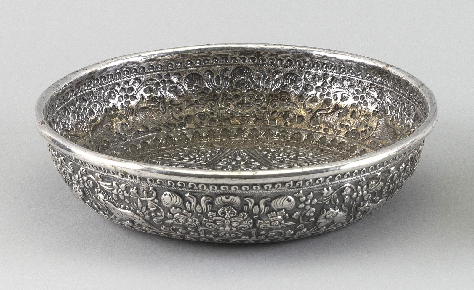 ASIAN SILVER LOW BOWL 20th Century Repousse-decorated (1 of 3)