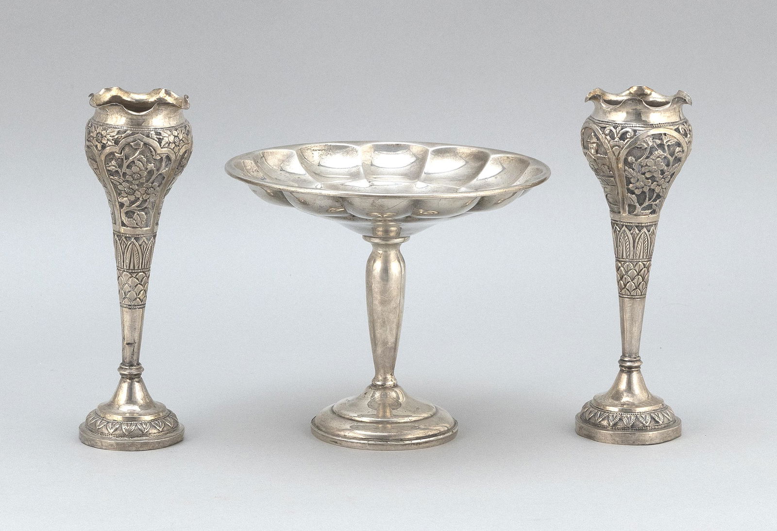 THREE PIECES OF SILVER 1-2) Pair of Chinese Export bud (1 of 2)