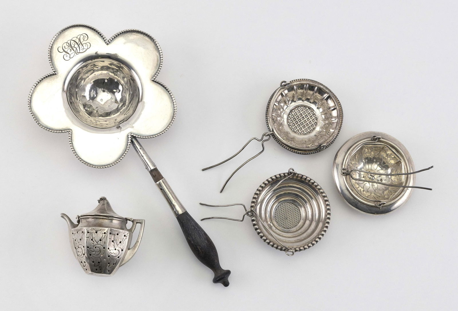 FIVE STERLING SILVER TEA STRAINERS 1-3) Three French (1 of 1)
