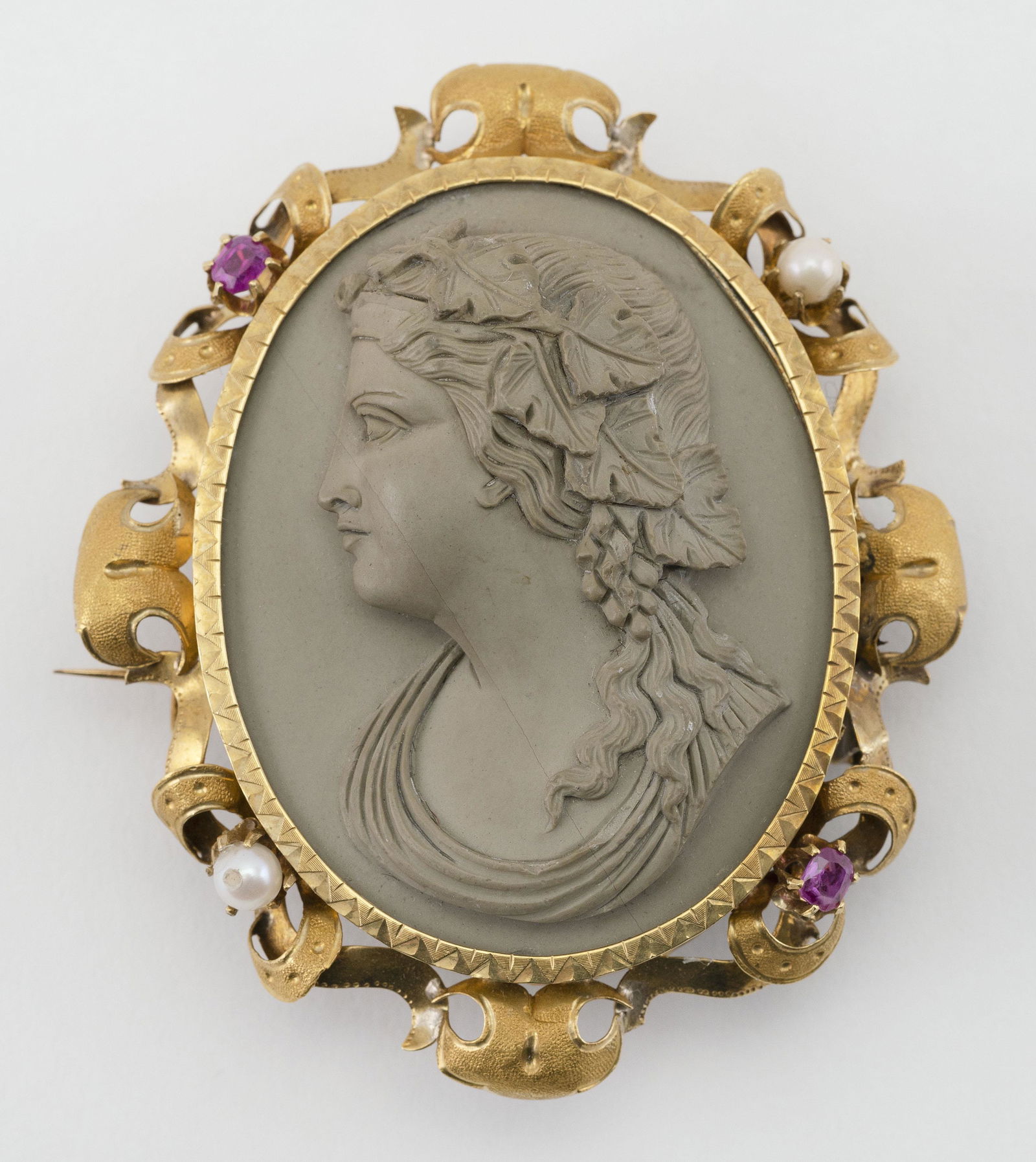 ANTIQUE GOLD, LAVA CAMEO, RUBY AND PEARL BROOCH Italy, (1 of 2)