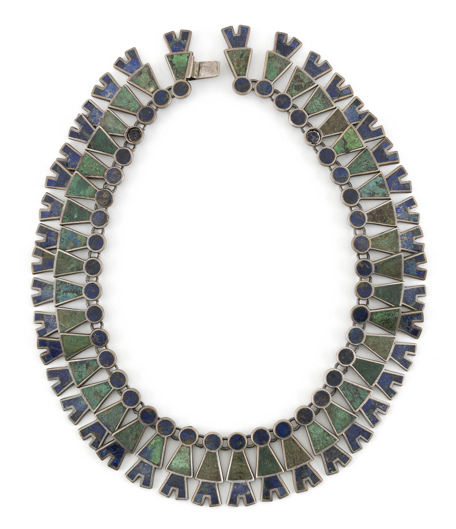 LOS CASTILLO STERLING SILVER AND AZURE MALACHITE FRINGE: LOS CASTILLO STERLING SILVER AND AZURE MALACHITE FRINGE NECKLACE Taxco, Mexico, Mid-20th Century Fully marked. Length 15.5".