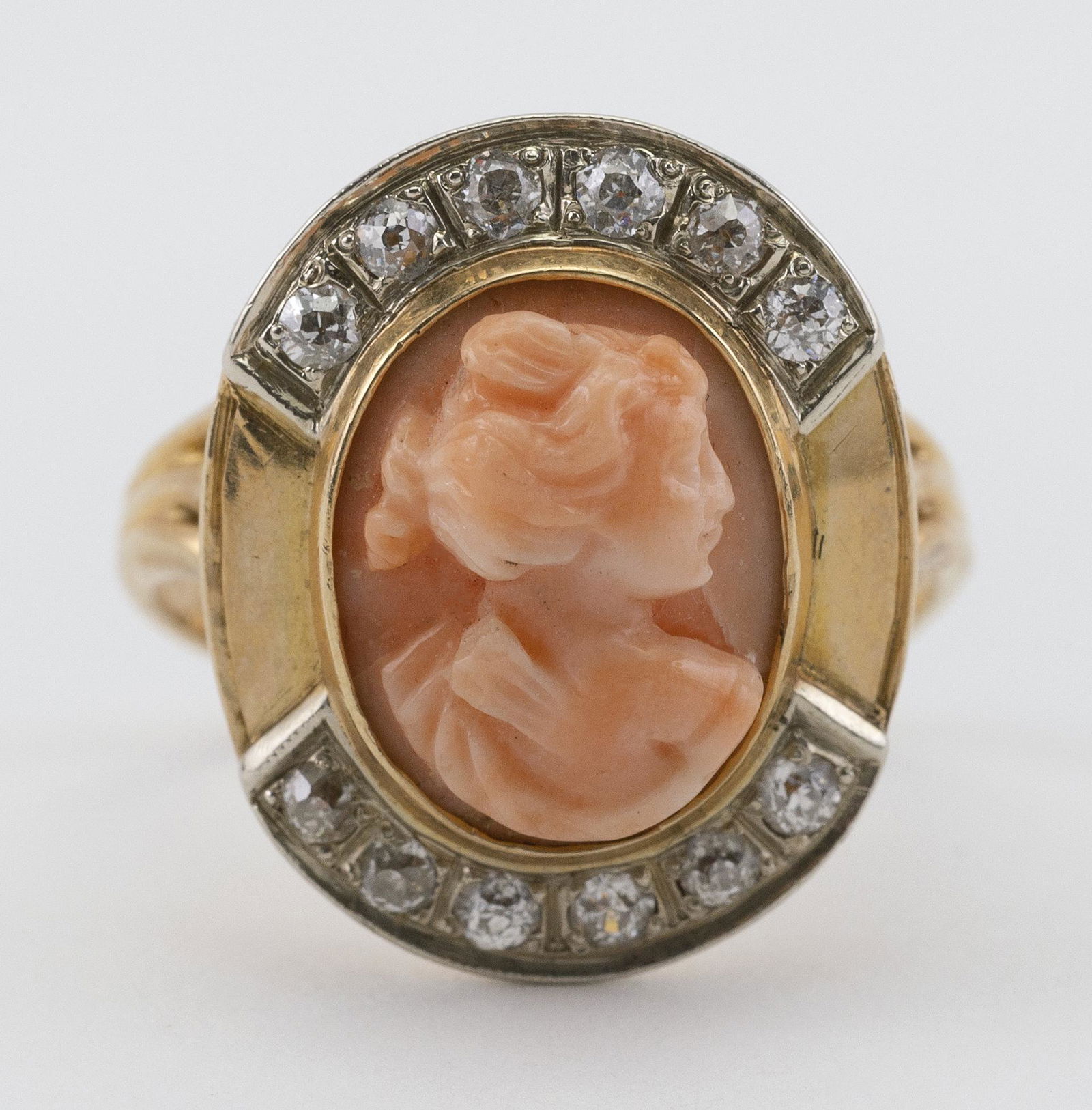 VINTAGE 14KT GOLD, DIAMOND AND CORAL CAMEO RING Cameo (1 of 2)
