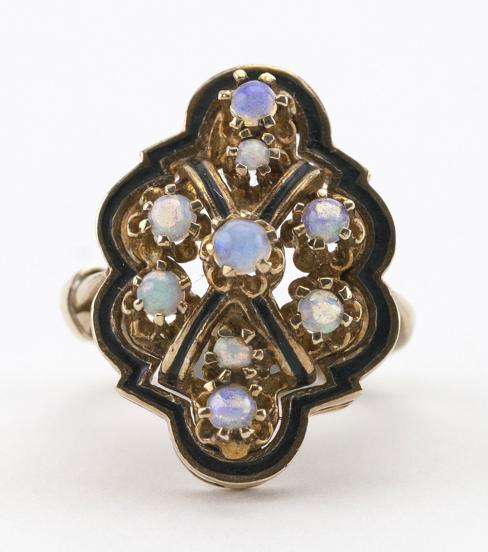 VINTAGE 14KT GOLD, OPAL AND BLACK ENAMEL RING Size 3½. (1 of 2)