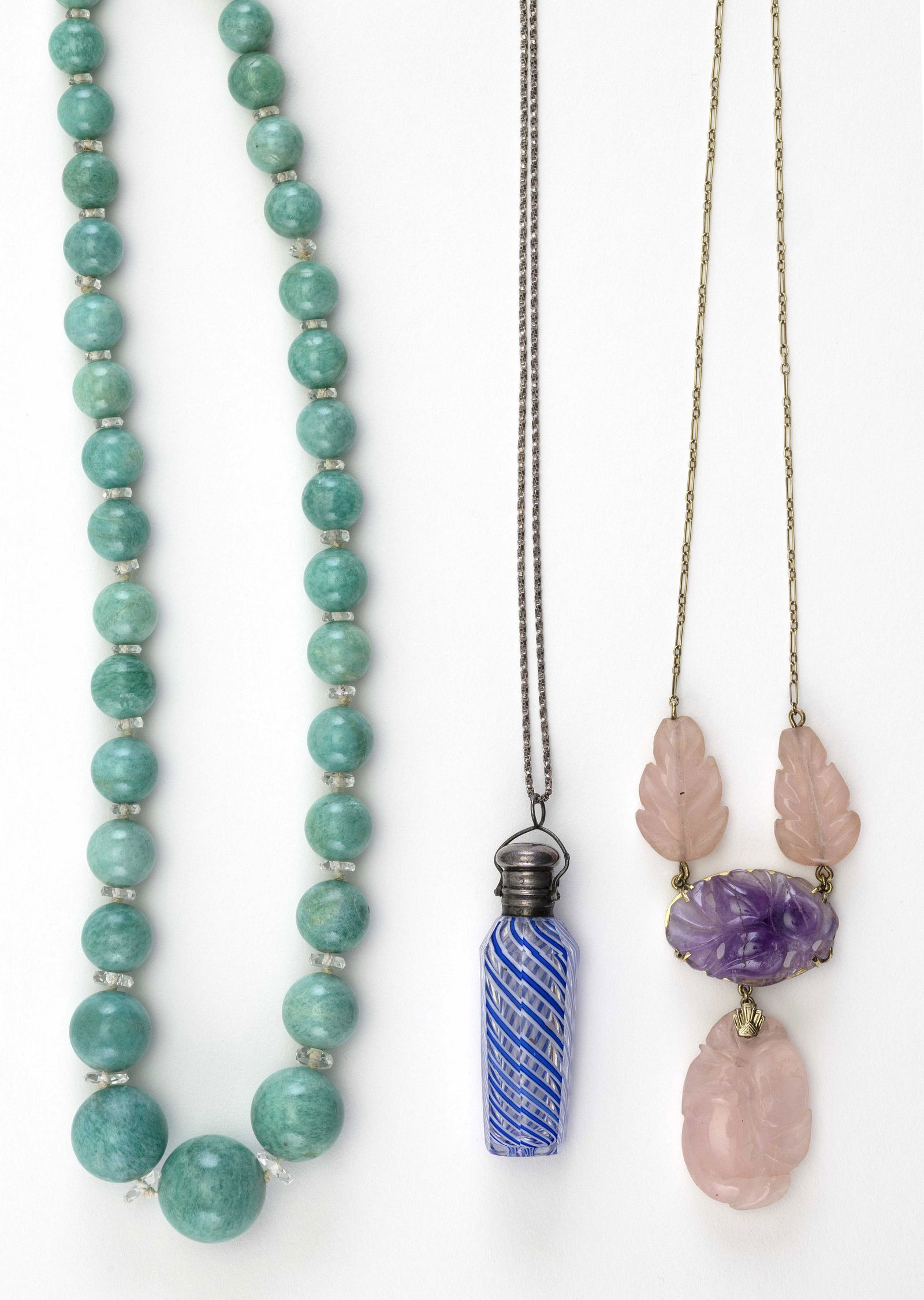 THREE NECKLACES 1) 14kt gold, carved rose quartz and (1 of 1)