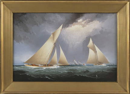 FINE REPRODUCTION OF A JAMES E. BUTTERSWORTH PAINTING: FINE REPRODUCTION OF A JAMES E. BUTTERSWORTH PAINTING OF &QUOT;PURITAN&QUOT; AND &QUOT;MAYFLOWER&QUOT; IN THE 1886 AMERICA'S CUP TRIALGiclée on canvas, 16&quot; x 24&quot;. Framed 21&quot; x 30&quot;