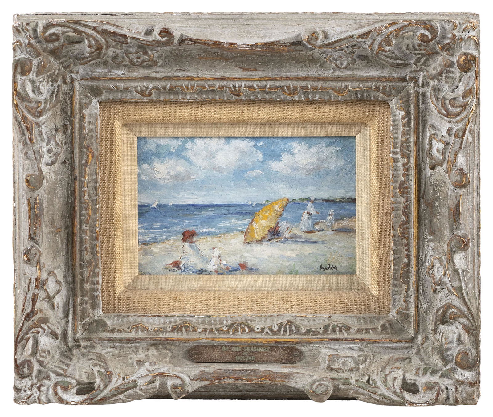 HULDAH JEFFE (Florida, 1901-2001), Beachgoers., Oil on: HULDAH JEFFEFlorida, 1901-2001Beachgoers. Signed lower right "Huldah".Oil on masonite, 4" x 6". Framed 10" x 12".