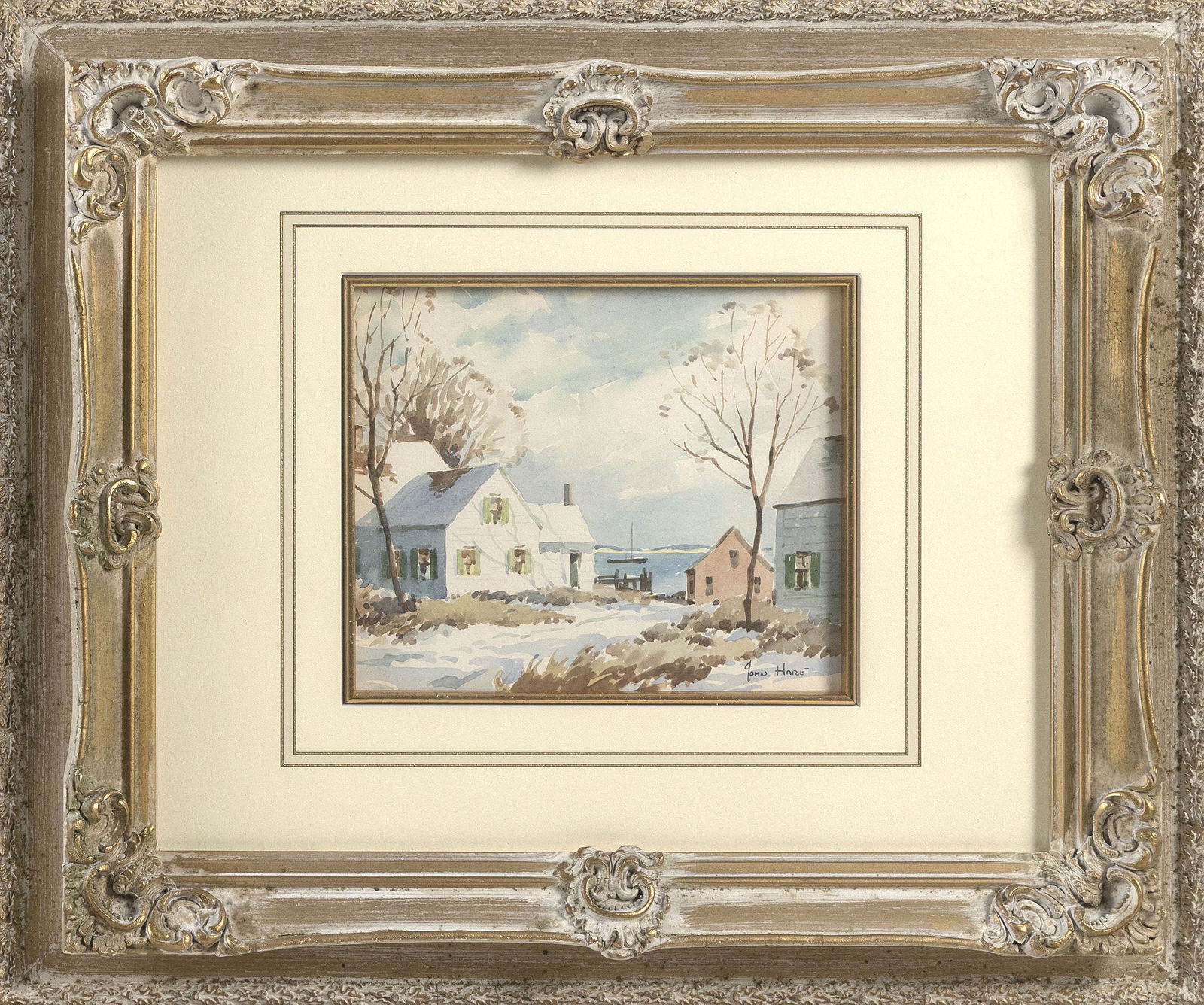 JOHN CUTHBERT HARE (Massachusetts/Florida, 1908-1978),: JOHN CUTHBERT HAREMassachusetts/Florida, 1908-1978Winter landscape, possibly Provincetown, Massachusetts. Signed lower right "John Hare".Watercolor on paper, 6" x 7" sight. Framed
