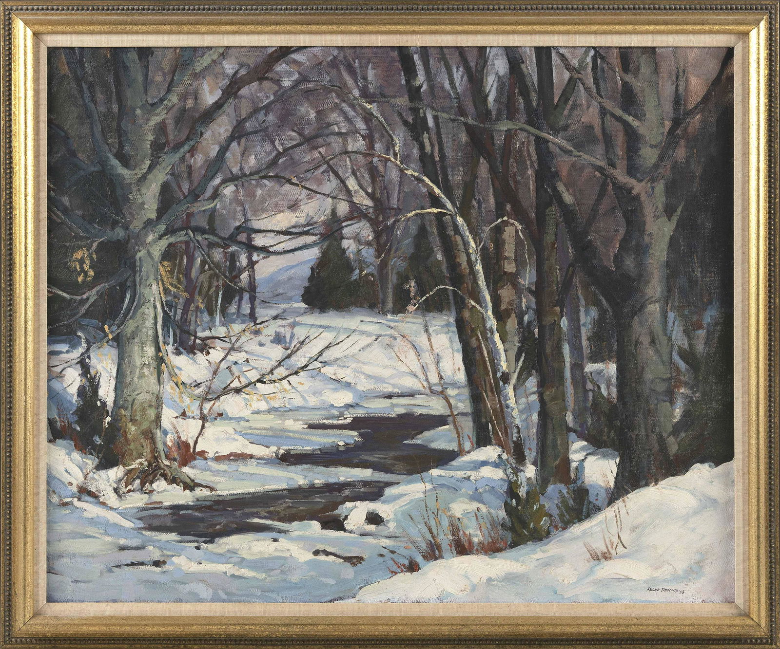 ROGER DENNIS (Connecticut, 1902-1996), A meandering: ROGER DENNISConnecticut, 1902-1996A meandering winter stream. Signed lower right "Roger Dennis".Oil on canvas, 24" x 30". Framed 28" x 34".