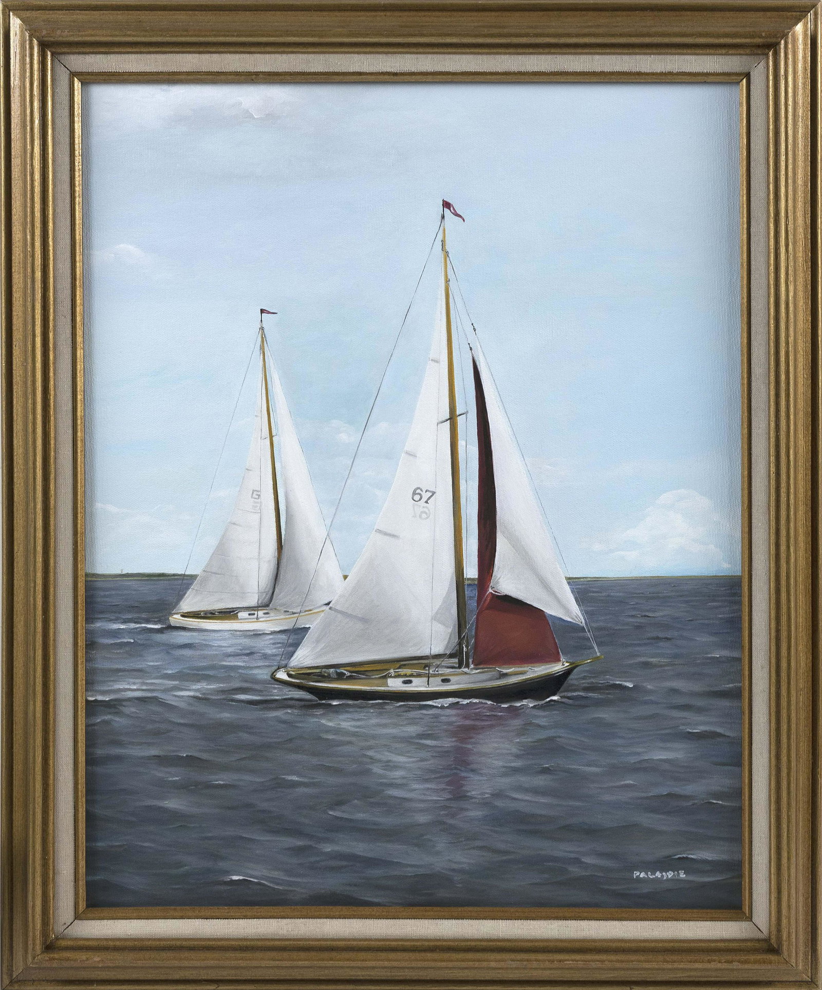 PETER ARMAND LAJOIE (Massachusetts, Contemporary), "The: PETER ARMAND LAJOIE Massachusetts, Contemporary "The Red Sail". Signed lower right “P.A. Lajoie”. Oil on canvas, 20” x 16”. Framed 24” x 19”.
