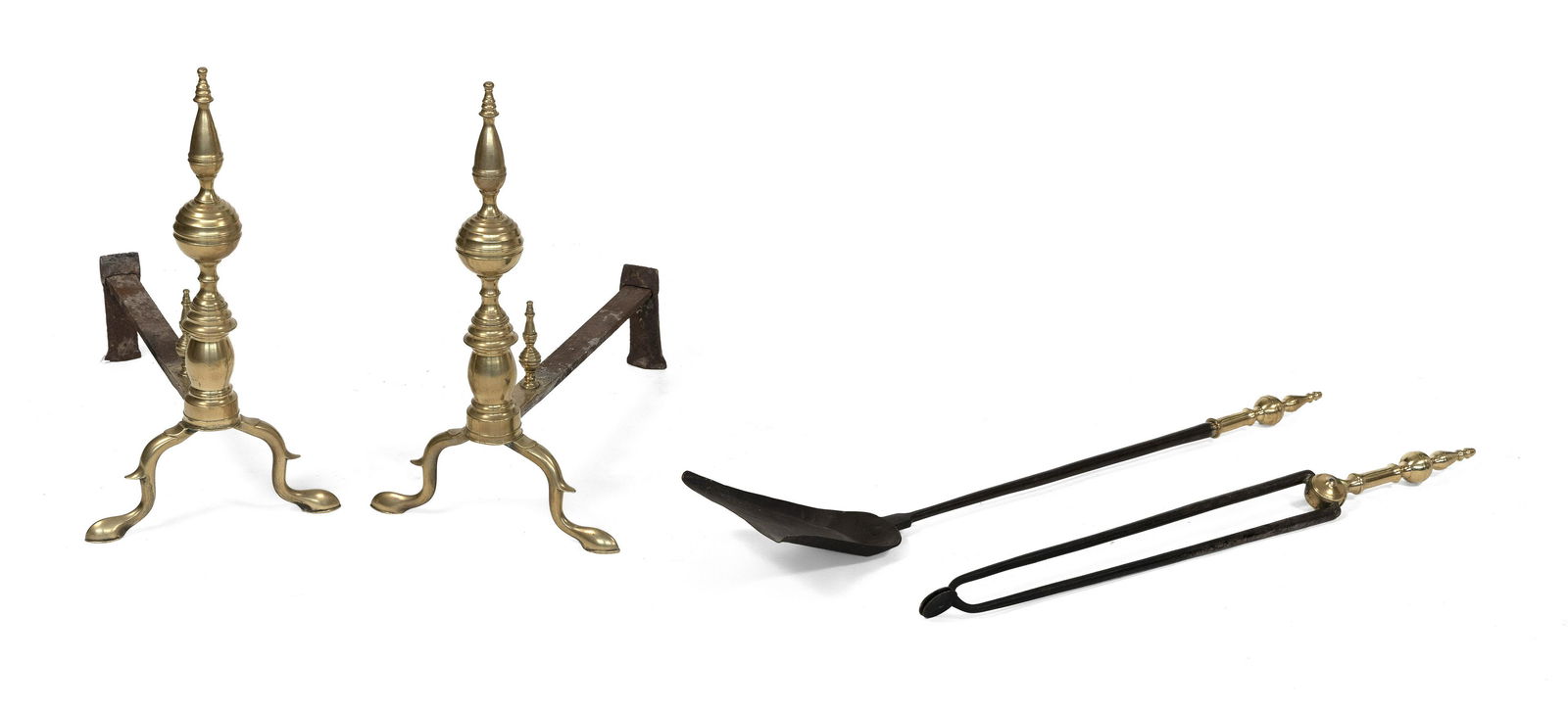 PAIR OF SIGNED JOHN MOLINEUX BRASS STEEPLE-TOP ANDIRONS (1 of 1)