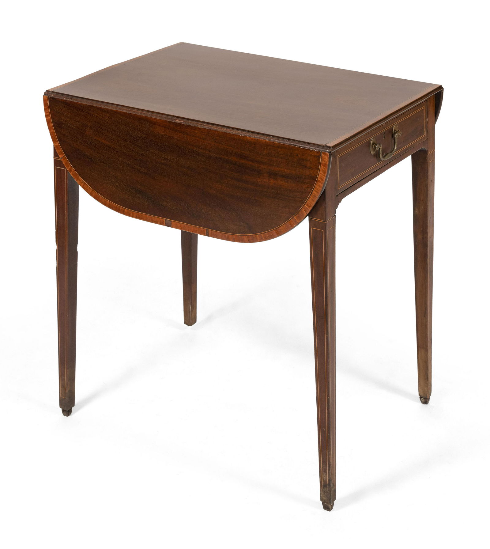 ENGLISH GEORGE II PEMBROKE TABLE Circa 1800 Height: ENGLISH GEORGE II PEMBROKE TABLECirca 1800In mahogany. Top with banded inlay. Single drawer at one end of apron. Tapered legs with string inlay and fitted with brass casters.Height 28.5". Width 2