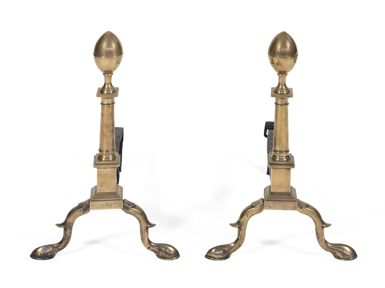 PAIR OF BELL METAL LEMON-TOP ANDIRONS Massachusetts,: PAIR OF BELL METAL LEMON-TOP ANDIRONSMassachusetts, Circa 1800Heights 19.25”. Depths 19.5”. Provenance:Property of a direct descendant of Thomas Jefferson, the contents of the Brick House at Cooli