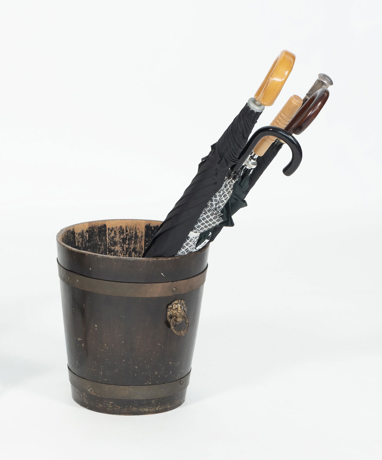 BRASS-BOUND WOODEN WASTE BASKET WITH FOUR UMBRELLAS AND (1 of 2)