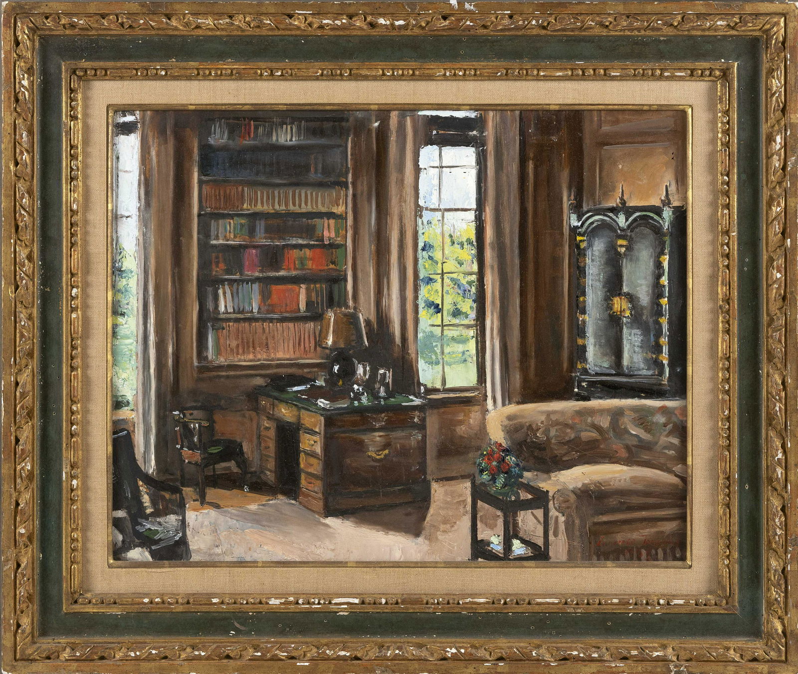 LAURENCE TOMPKINS (New York, 1897-1972), Interior scene: LAURENCE TOMPKINSNew York, 1897-1972Interior scene of a home library. Signed and dated lower right “Laurence Tompkins 1959”.Oil on masonite, 16” x 20”. Framed 23" x 28". Provenance:P