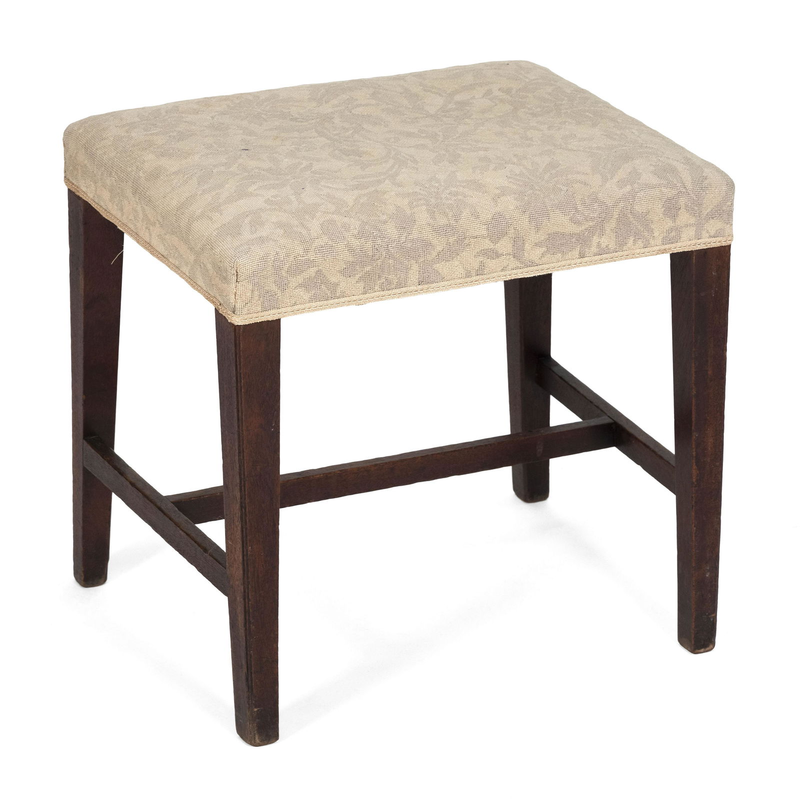 FOOTSTOOL 19th Century Height 18”. Top 19” x 15”.: FOOTSTOOL19th CenturyIn mahogany, with over-upholstered seat.Height 18”. Top 19” x 15”. Provenance:Property of a direct descendant of Thomas Jefferson, the contents of the Brick House at Coolidg