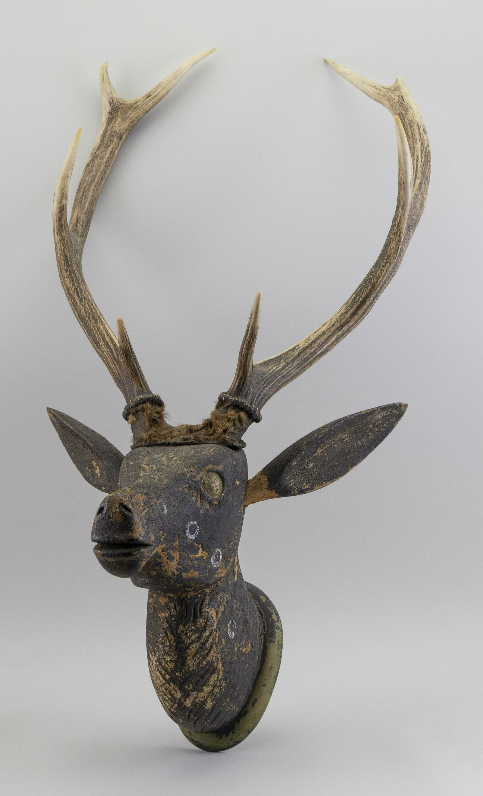 GERMAN CARVED DEER HEAD MOUNTED WITH STAG ANTLERS Late (1 of 2)