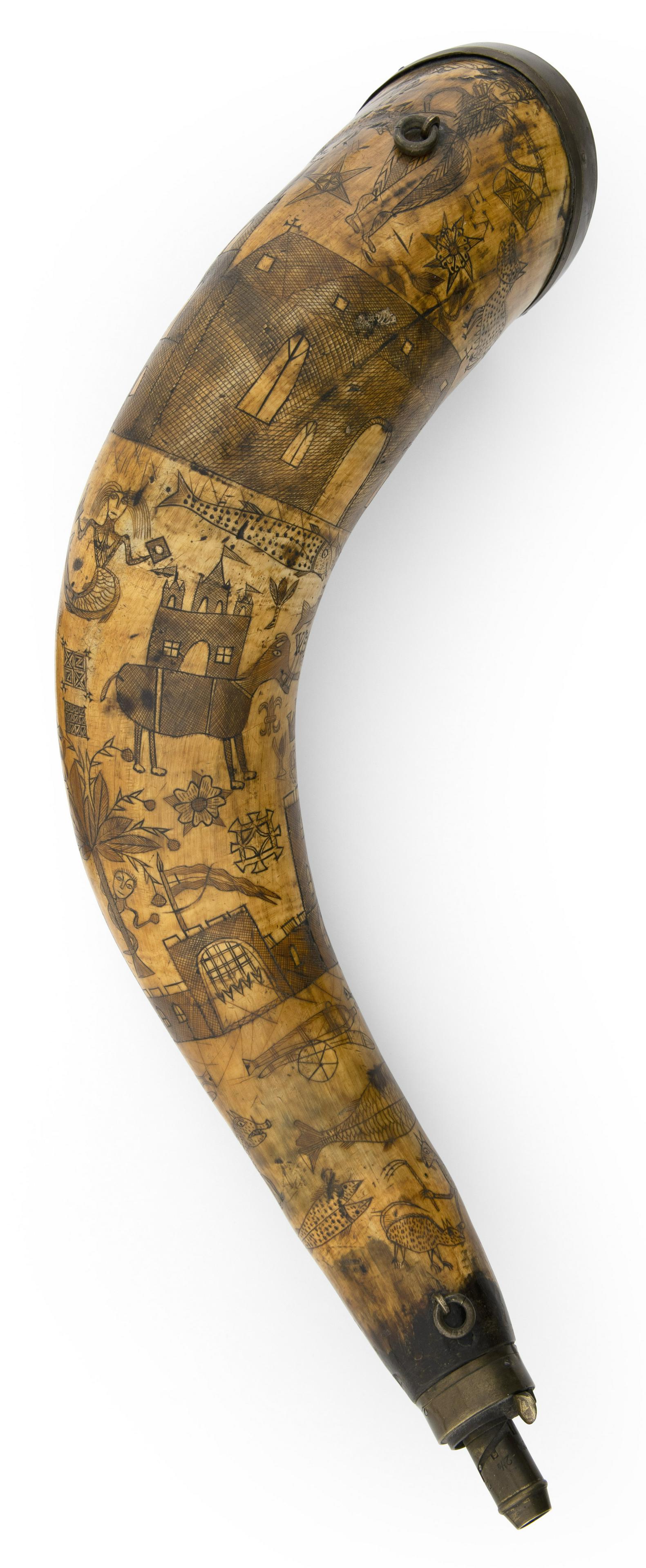 EXTENSIVELY ENGRAVED POWDER HORN 19th Century Length (1 of 2)