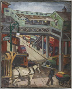 JOHN OPPER (New York/North Carolina/Illinois,: JOHN OPPERNew York/North Carolina/Illinois, 1908-1994Chicago scene with the “L” at 9th Ave. Signed lower left “John Opper”.Oil on canvas, 29.5” x 23.5”. Framed 31” x 25”.