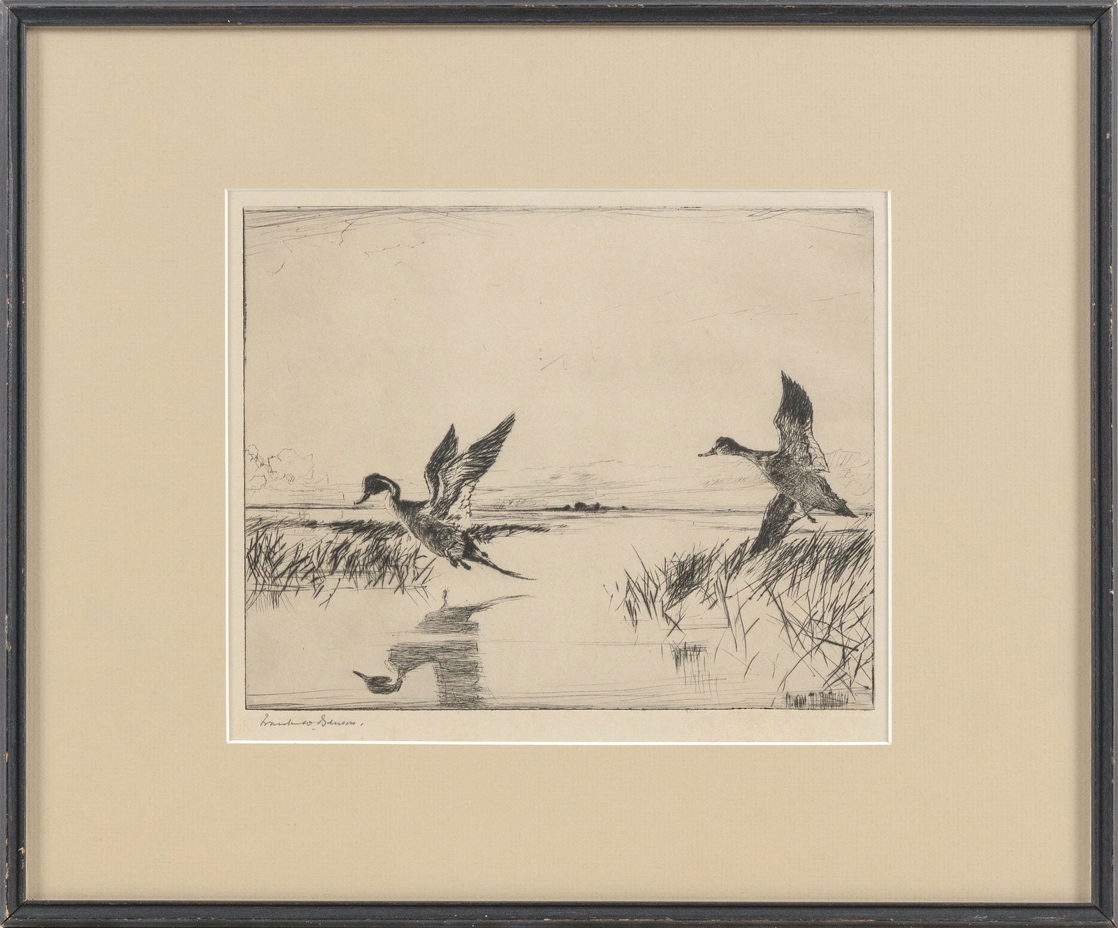 FRANK WESTON BENSON (Massachusetts, 1862-1951), "Pair: FRANK WESTON BENSONMassachusetts, 1862-1951"Pair of Pintails". Signed in pencil lower left "Frank Benson".Etching on paper, 8.5" x 10.25". Framed 14.5" x 18".