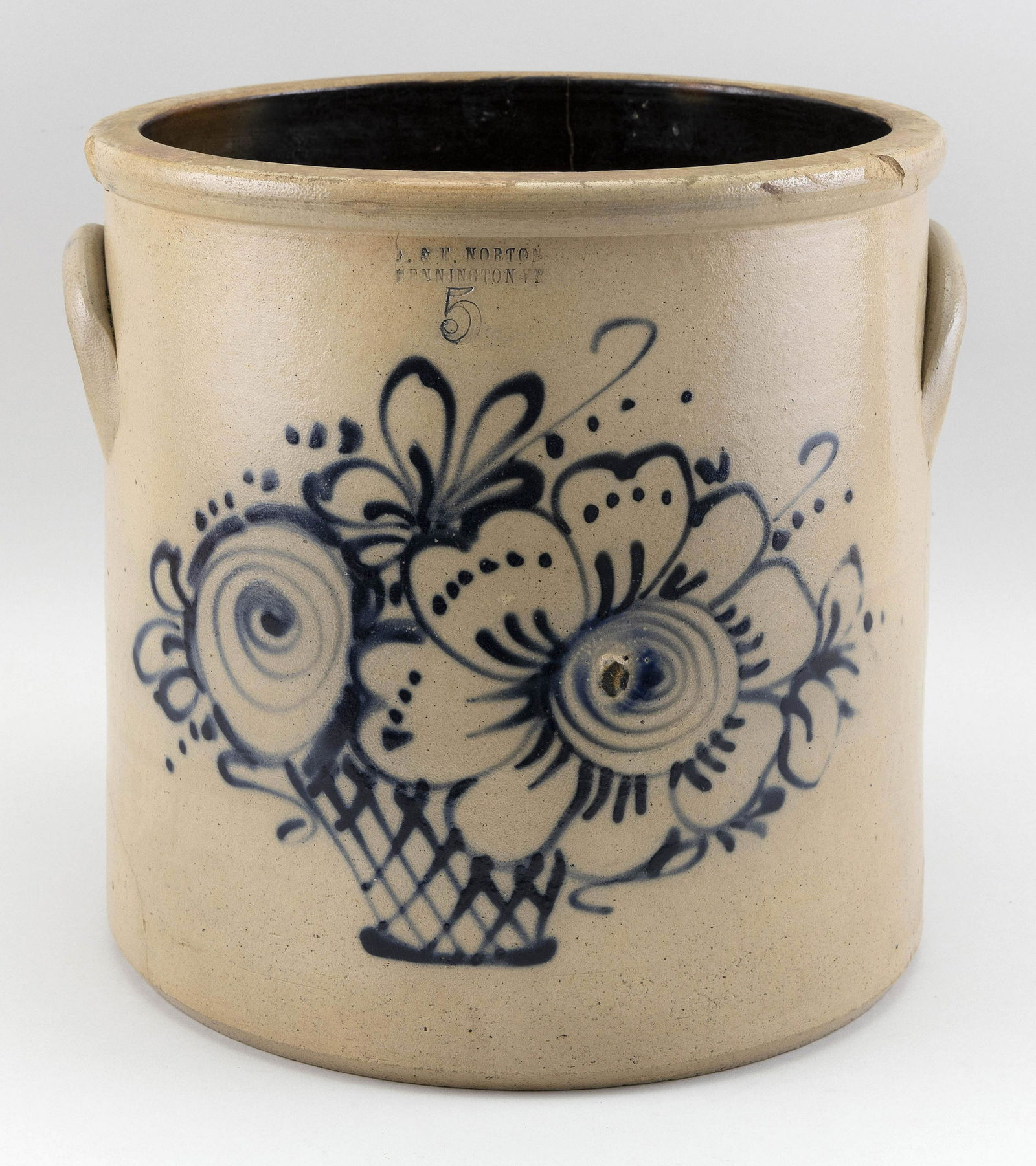 J. & E. NORTON FIVE-GALLON STONEWARE CROCK Bennington, (1 of 3)