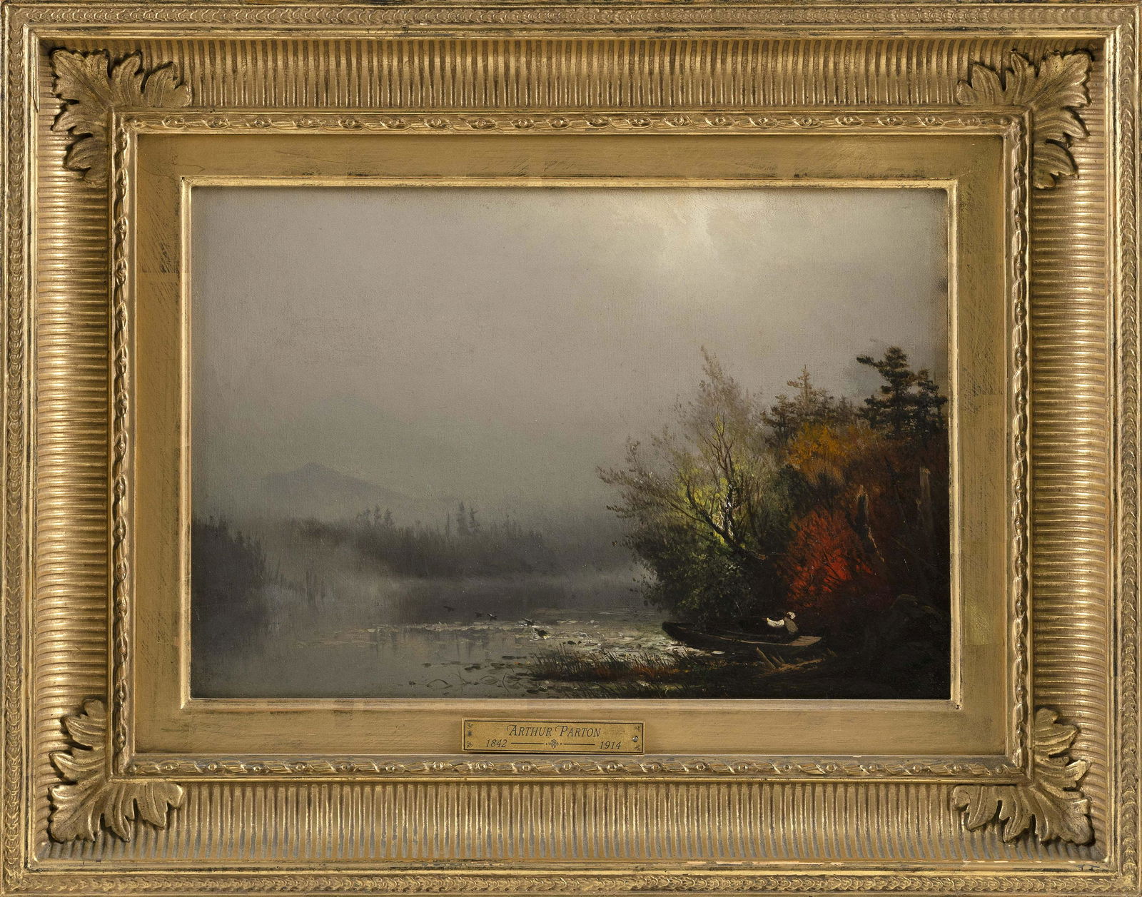 ARTHUR PARTON (New York/Pennsylvania/United Kingdom,: ARTHUR PARTONNew York/Pennsylvania/United Kingdom, 1842-1914A misty mountain lake. Signed lower right “A. Parton”.Oil on canvas, 10” x 15”. Framed 18” x 23”. Provenance:Private Collection,