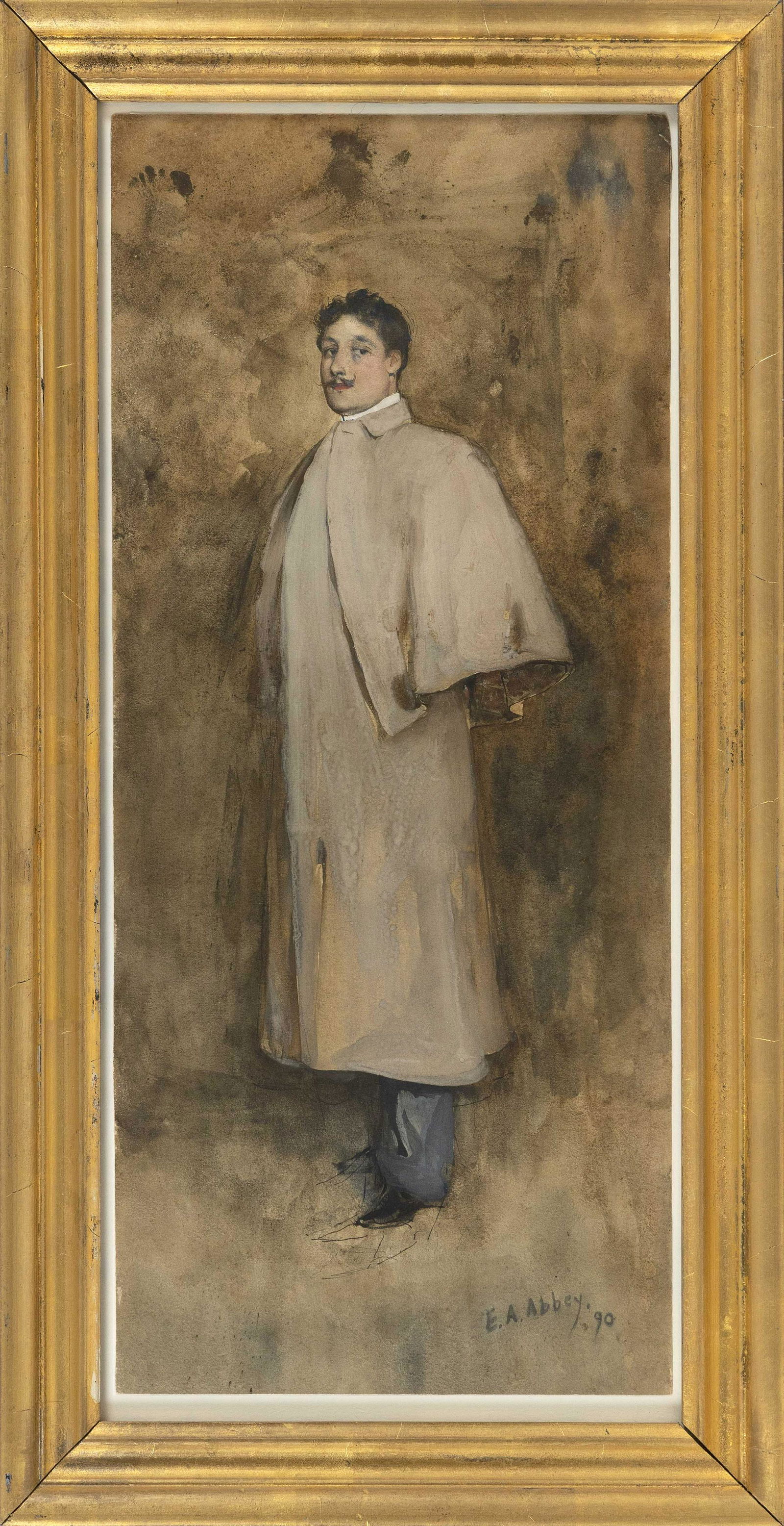 EDWIN AUSTIN ABBEY (Pennsylvania/New York/England,: EDWIN AUSTIN ABBEYPennsylvania/New York/England, 1852-1911Portrait of a man wearing a white cape. Signed and dated lower right “E.A. Abbey 90”.Watercolor on paper, 19.5” x 8”. Framed 22.5” x