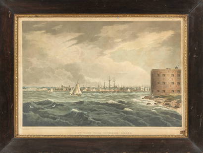 HAND-COLORED ETCHING "NEW YORK, FROM GOVERNORS ISLAND": HAND-COLORED ETCHING "NEW YORK, FROM GOVERNORS ISLAND"After William Guy Wall (America, 1792- c. 1864). Engraved by John Hill (America, 1770-1850). Published by Henry I. Megarey, circa 1815.