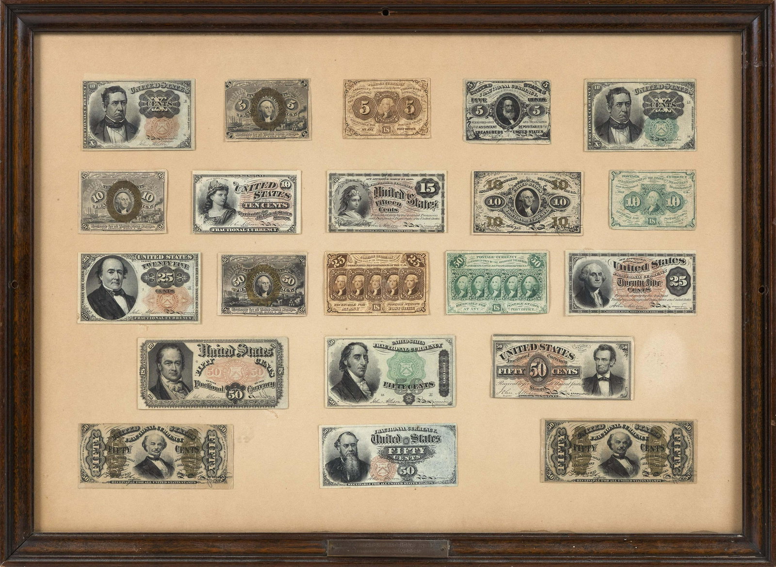 COLLECTION OF UNITED STATES FRACTIONAL NOTES Framed: COLLECTION OF UNITED STATES FRACTIONAL NOTES Twenty-one fractional notes of various denominations and sizes, housed together in a common frame. Brass plaque affixed to frame labeled "United State
