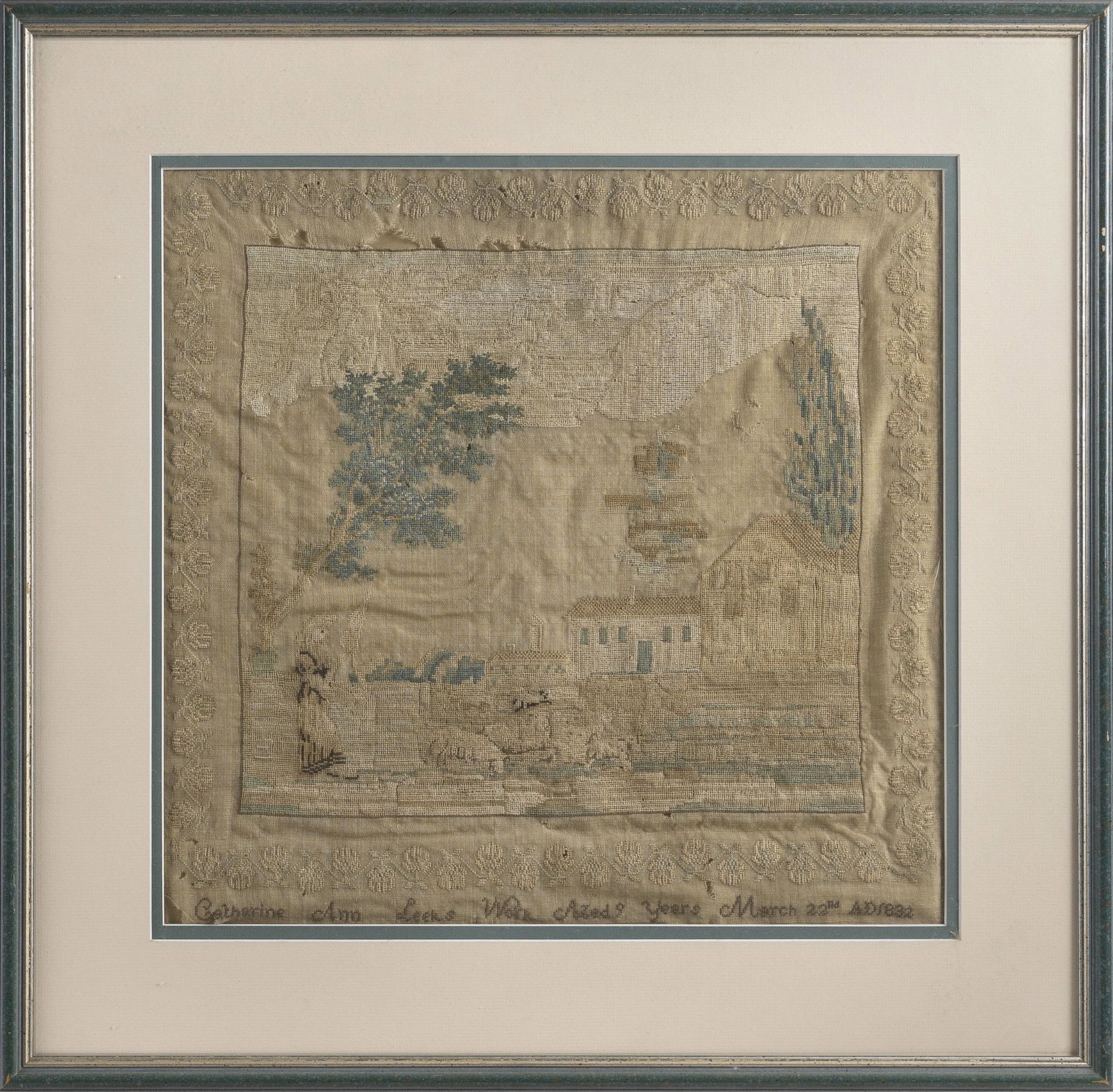 SCHOOLGIRL PICTORIAL SAMPLER 16.25” x 17” sight. Framed (1 of 2)