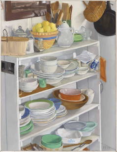 PETER PLAMONDON (Masschusetts/California, b. 1944),: PETER PLAMONDONMasschusetts/California, b. 1944Kitchen interior with dishes filling a shelf. Signed lower right "P.P. 78".Oil on canvas, 33" x 25". Framed 33.25" x 25.25"