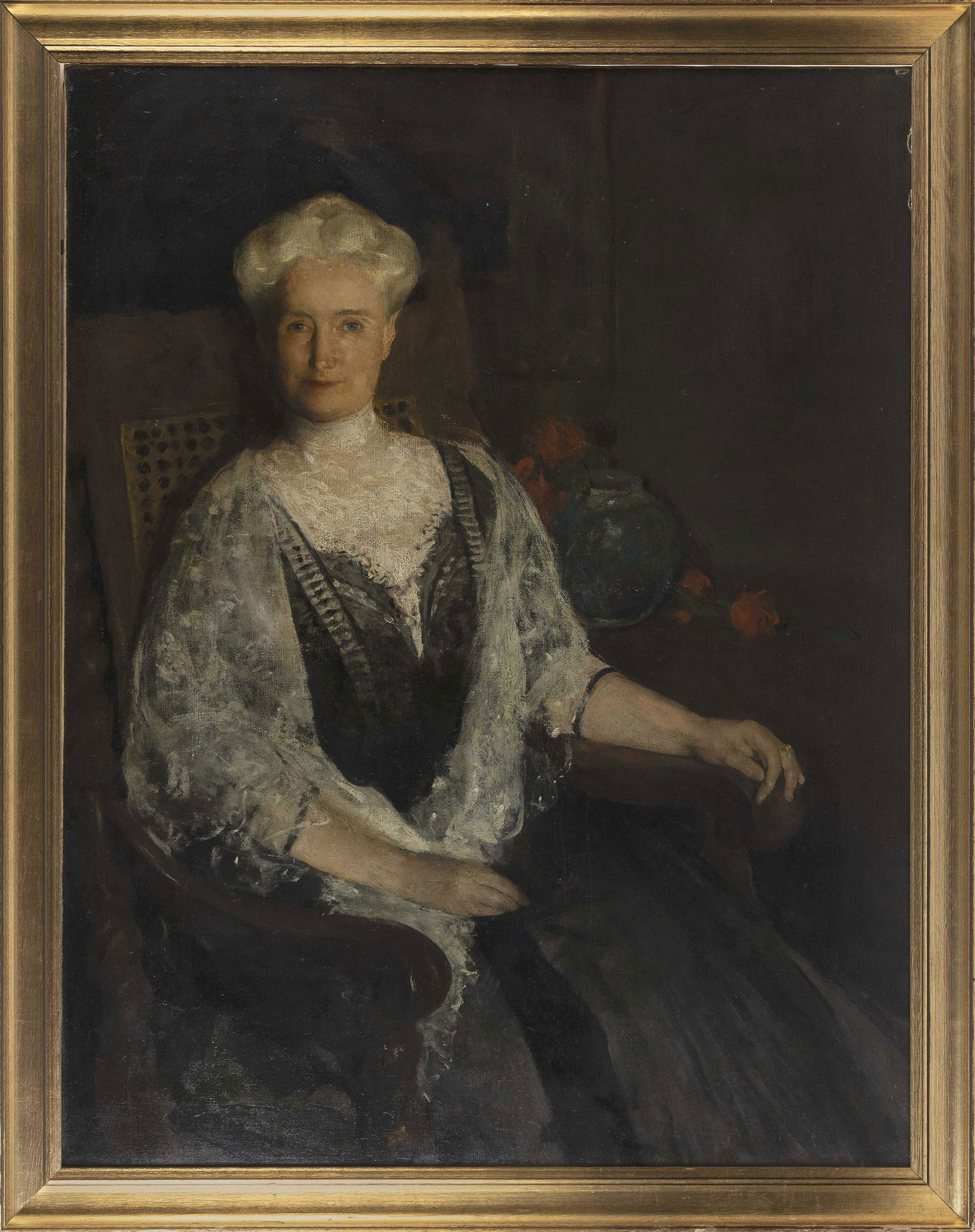 CHARLES WEBSTER HAWTHORNE (Massachusetts/New York,: CHARLES WEBSTER HAWTHORNEMassachusetts/New York, 1872-1930"Lady with White Hair". Boldly signed upper right "C.W. Hawthorne".Oil on canvas, 44" x 34". Framed 48.75" x 38.75". Provenance:Sotheby Parke