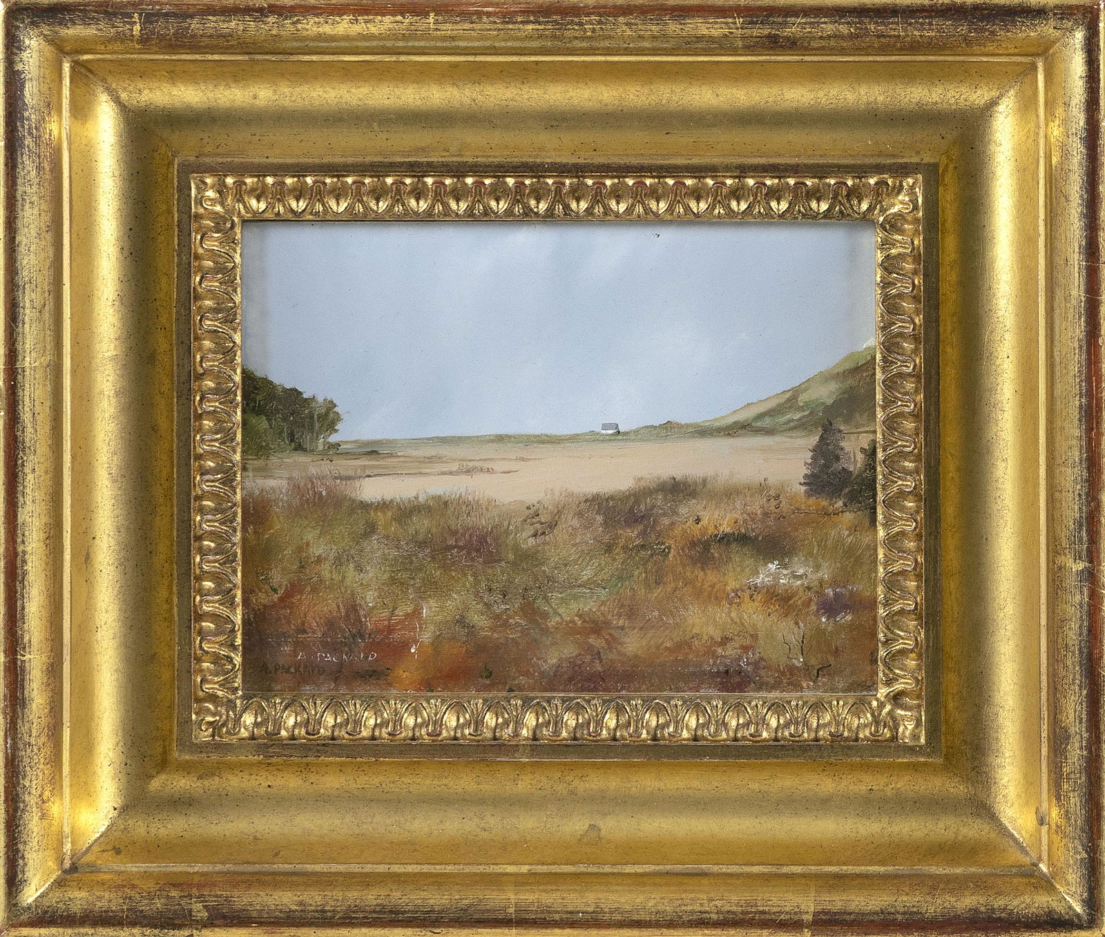 ANNE PACKARD (Massachusetts/New Jersey, b. 1933), Dune: ANNE PACKARDMassachusetts/New Jersey, b. 1933Dune scene with distant house. Signed twice lower left "A. Packard", once in black and once in white.Oil on masonite, 5" x 7". Framed 1