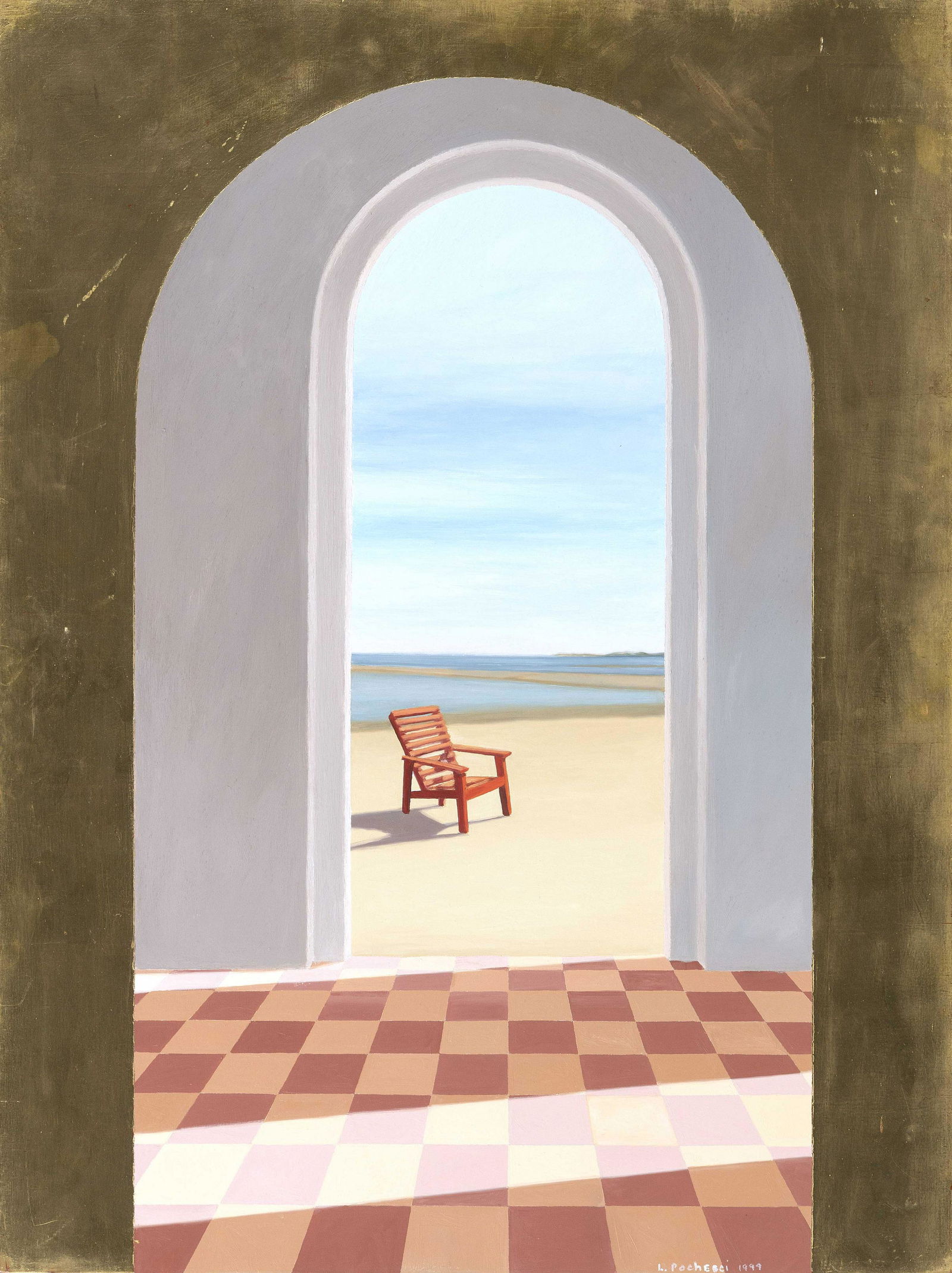 LINDA POCHESCI (New Jersey/Massachusetts,: LINDA POCHESCINew Jersey/Massachusetts, Contemporary"Reflections on Cooks Brook Beach #2". Signed and dated lower right "L. Pochesci 1999". Titled verso.Gold leaf and oil on board,