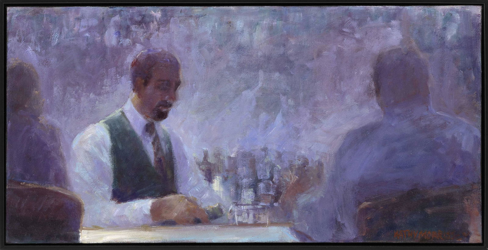 KATHY MORRISSEY (Maine, Contemporary), The bartender.,: KATHY MORRISSEYMaine, ContemporaryThe bartender. Signed lower right "Kathy Morrissey".Oil on canvas, 12" x 24". Framed 13" x 24.5".