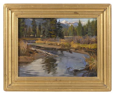 JAY MOORE (Colorado, b. 1964), "Kawuneeche Valley".,: JAY MOOREColorado, b. 1964"Kawuneeche Valley". Signed lower left "Moore". Titled and dated 1993 verso.Oil on canvas, 9" x 12". Framed 12.5" x 15.5".