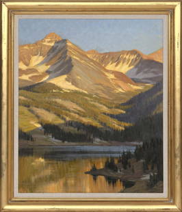 JAY MOORE (Colorado, b. 1964), “Trout Lake Bathed in: JAY MOOREColorado, b. 1964“Trout Lake Bathed in Evening Light”. Signed lower left “Jay Moore”. Titled verso.Oil on canvas, 36” x 30”. Framed 43.5” x 49.5”.