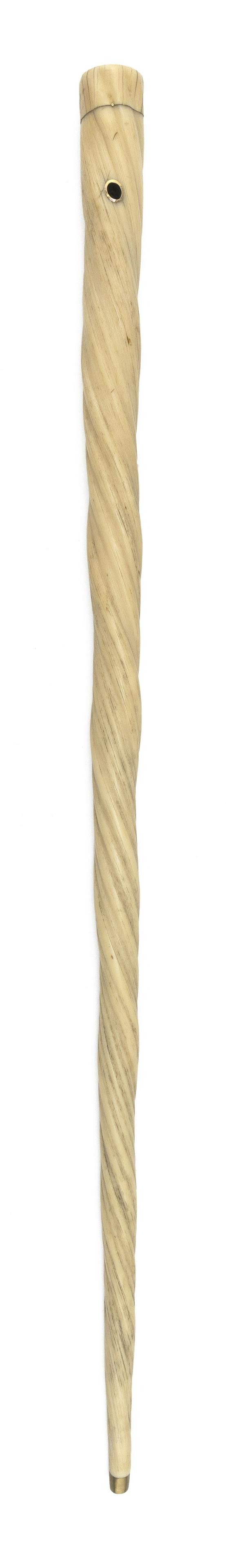 NARWHAL TUSK CANE: NARWHAL TUSK CANE 19th Century Flattened knob handle, possibly walrus ivory, inlaid with a copper disk. Handle affixed to shaft with tiny brass pins. Brass-lined eyelet and brass ferrule. Length 33.75
