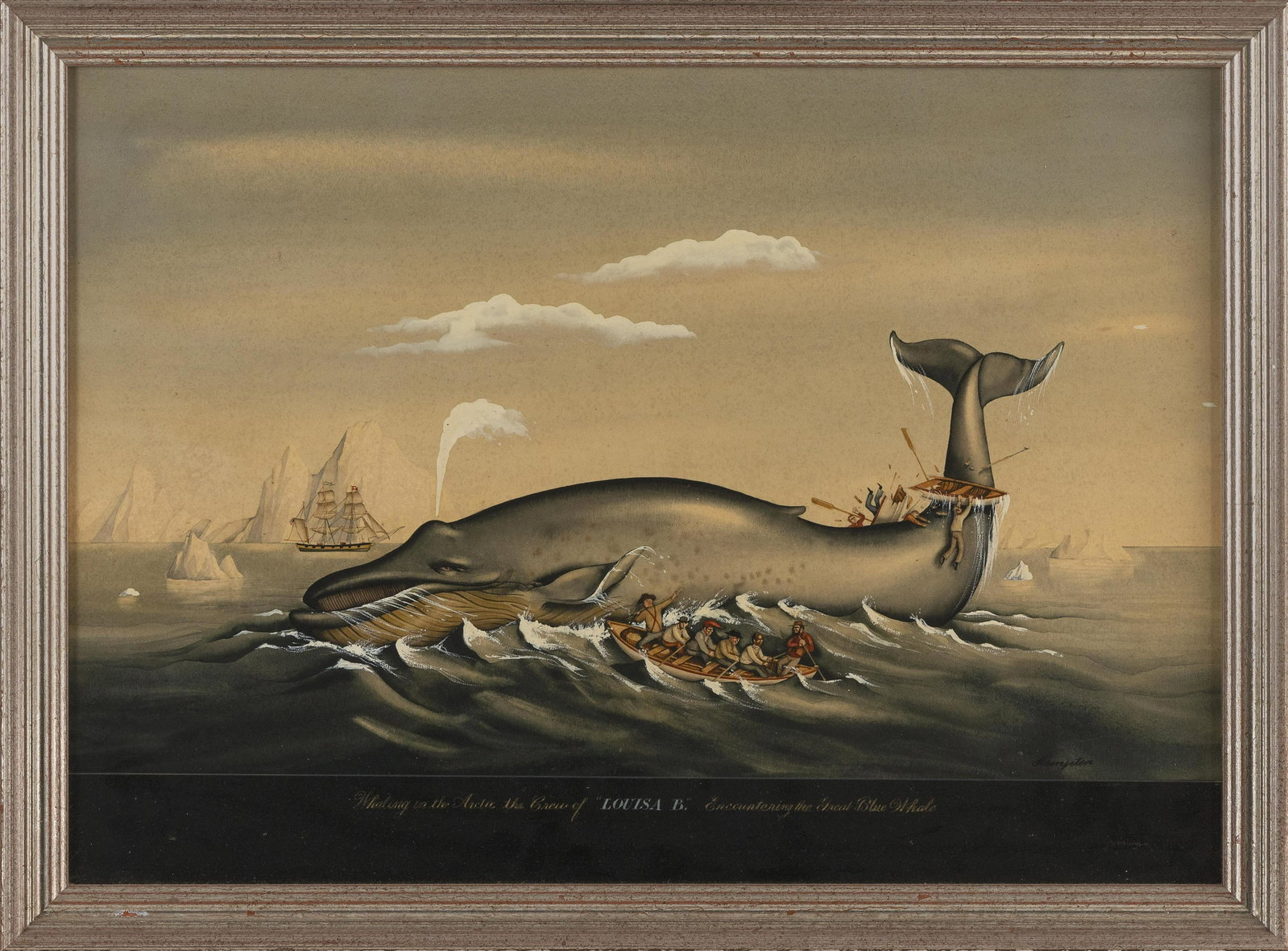 BLAKE HAMPTON: BLAKE HAMPTON Oklahoma, b. 1932 Whaling in the Arctic, the crew of the "Louisa B."encountering the Great Blue Whale. Signed lower right "Hampton". Titled along lower margin. Gouach