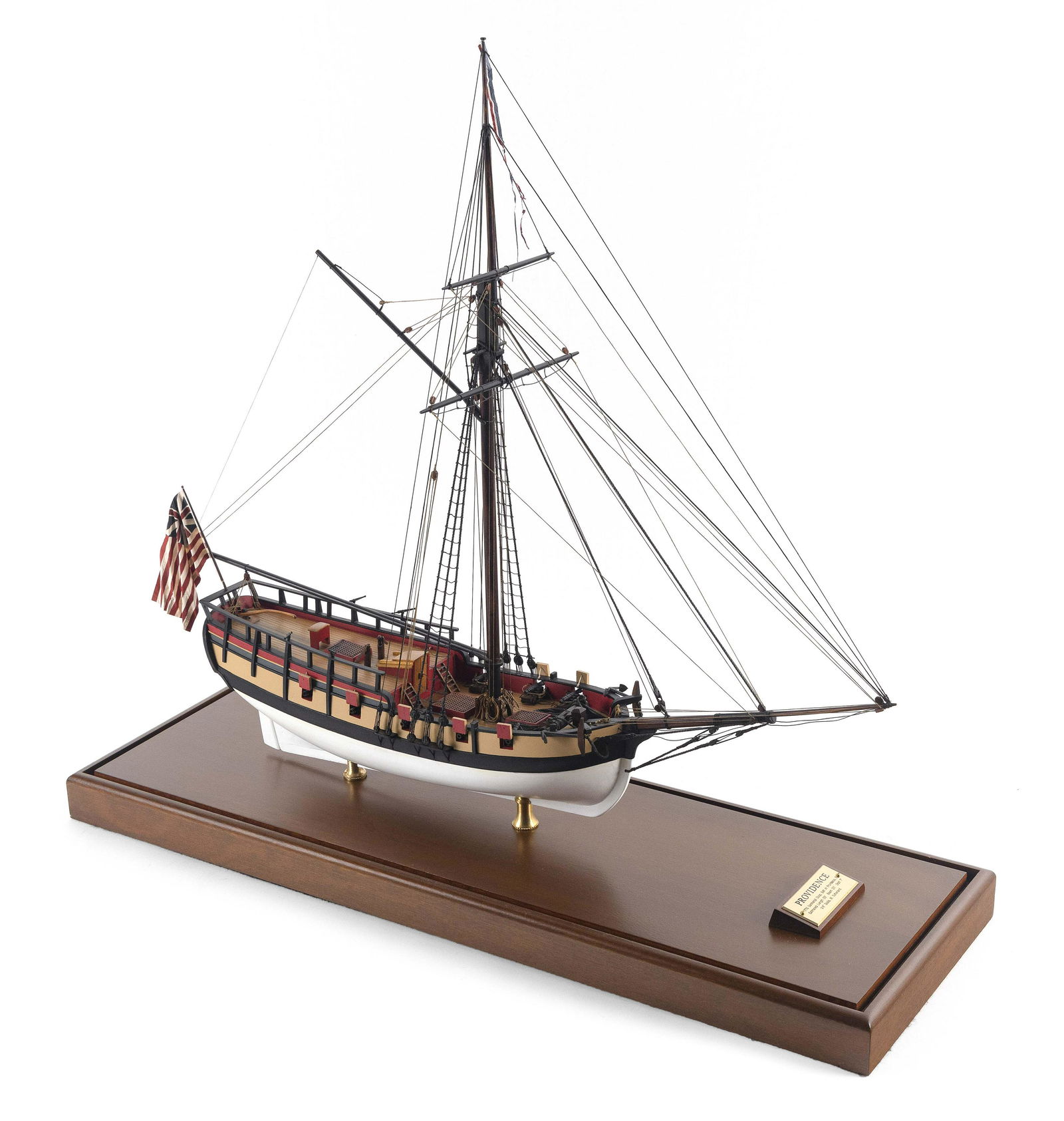 MODEL OF THE CONTINENTAL NAVY SLOOP ": MODEL OF THE CONTINENTAL NAVY SLOOP "PROVIDENCE" BY MARK SUTHERLANDCirca 2020In ¼" to 1-foot scale. Hull built up from the solid with a painted white bottom, black waist, buff topsides