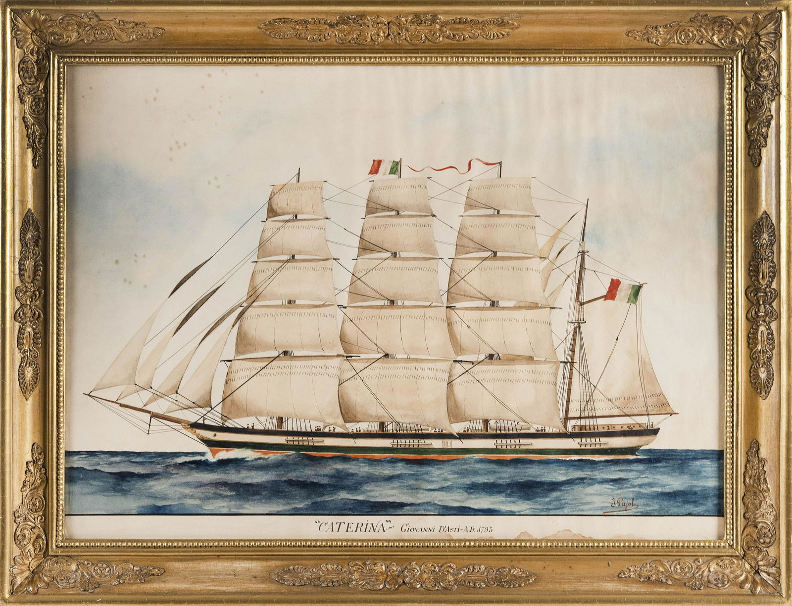PORTRAIT OF THE SHIP "CATERINA" BY PUJOL: PORTRAIT OF THE SHIP "CATERINA" BY PUJOLLate 19th/Early 20th Century“Caterina, Giovanni D’Asti - A.D. 1793'. Signed lower right “J. Pujol'.Watercolor on paper, 18.5' x 25.75'. Framed 2