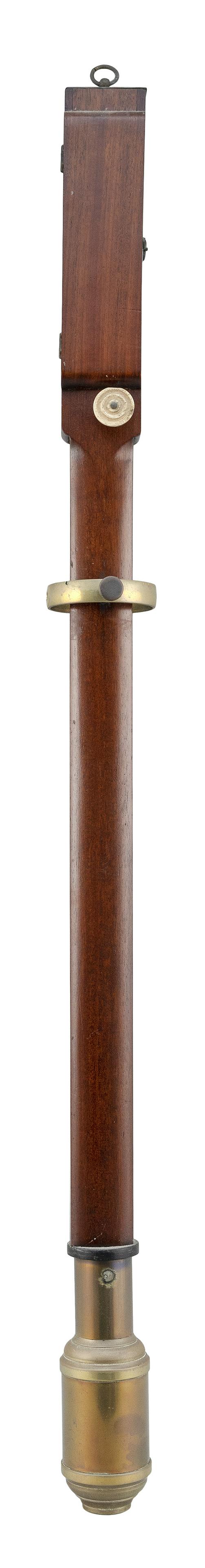 GIMBALLED SHIP’S BAROMETER: GIMBALLED SHIP’S BAROMETER England, 19th Century Signed "Steele & Son, 9 Dukes Place, Wapping, Liverpool". Mahogany case with brass fittings and bone degree scales and adjustment knob. Als