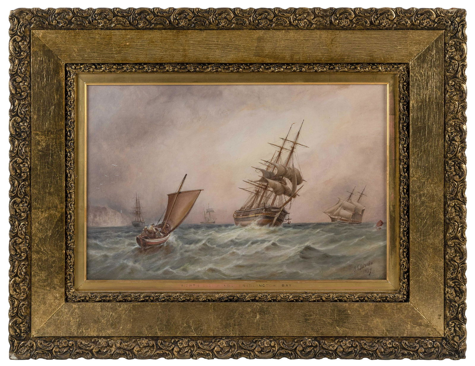 JOHN TAYLOR ALLERSTON: JOHN TAYLOR ALLERSTONEngland, 1828-1914"North East Wind Briddington Bay". Signed lower right "J.T. Allerston". Titled on contemporary label verso.Oil on canvas, 14" x 21"