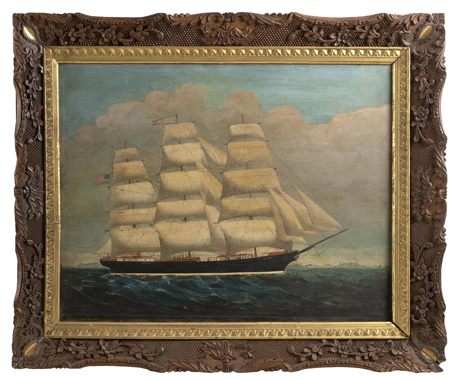CHINESE SCHOOL: CHINESE SCHOOL 19th Century The clipper ship Chocura. Unsigned. Oil on canvas, 18" x 23.5". Framed 24" x 29".