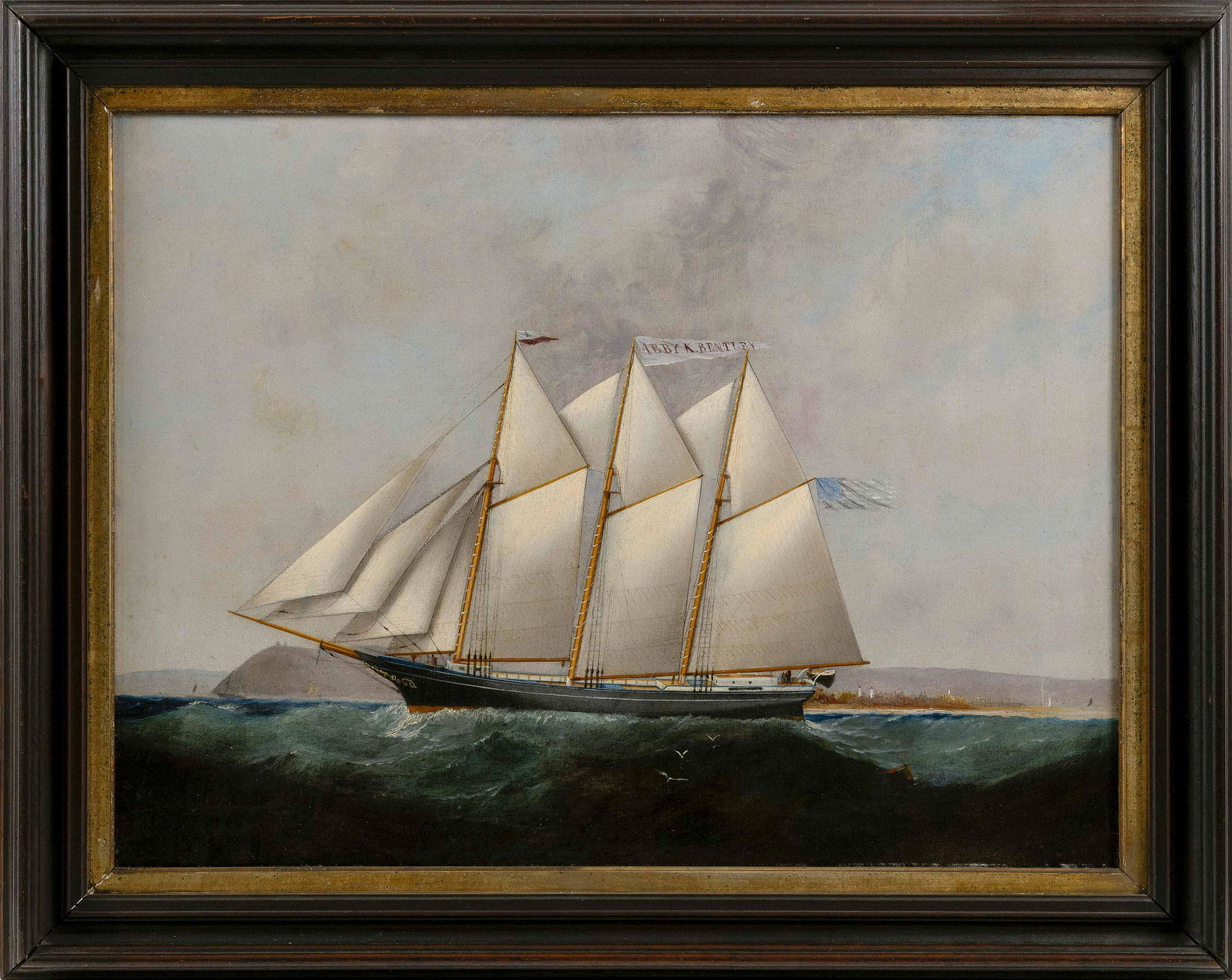 ATTRIBUTED TO ELISHA TAYLOR BAKER: ATTRIBUTED TO ELISHA TAYLOR BAKERNew York/Connecticut, 1827-1890The schooner Abby K. Bentley. Unsigned.Oil on canvas, 24" x 32". Framed 31" x 39".