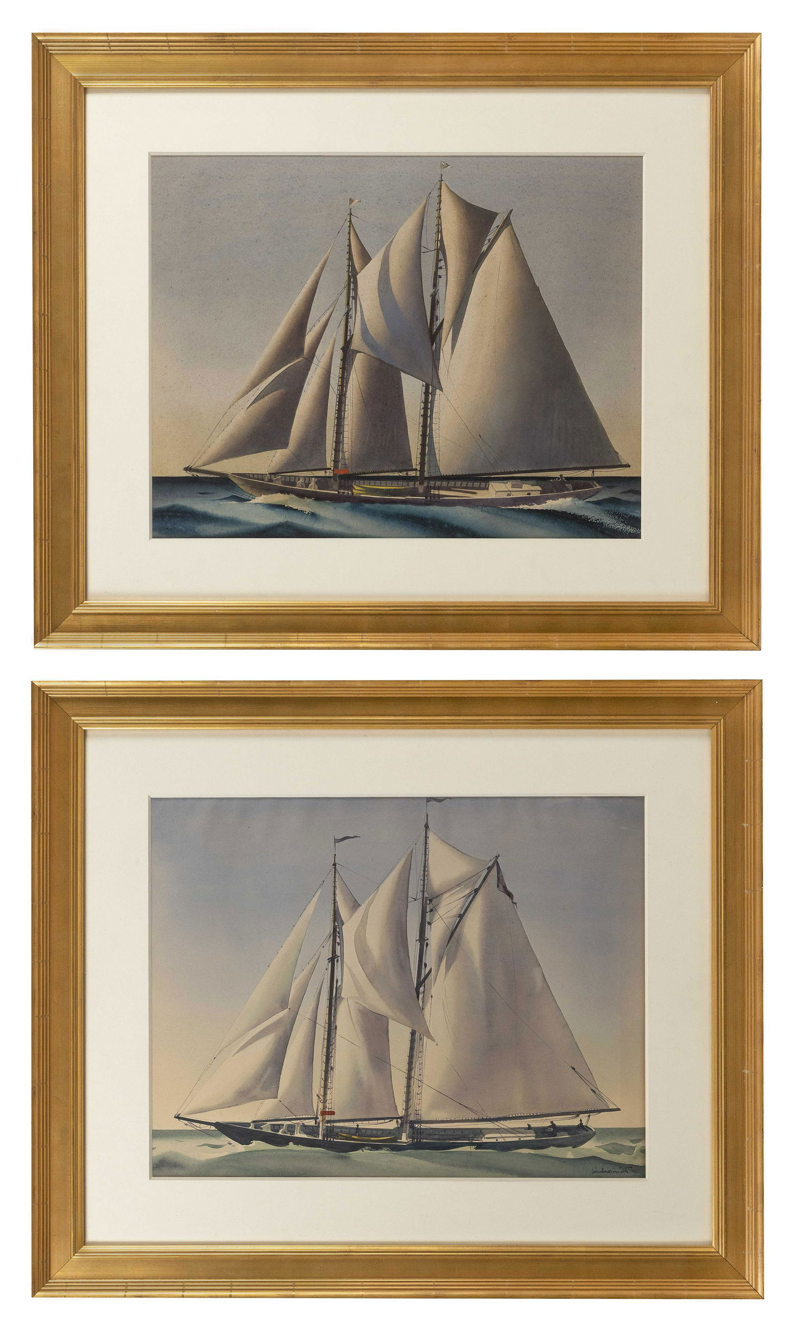 SANDOR BERNATH: SANDOR BERNATHNew York/Maine, 1892-1984Pair of yacht portraits. One signed lower right "Sandor Bernath". The other unsigned.Watercolors on paper, 16" x 20" sight. Framed 25.5"