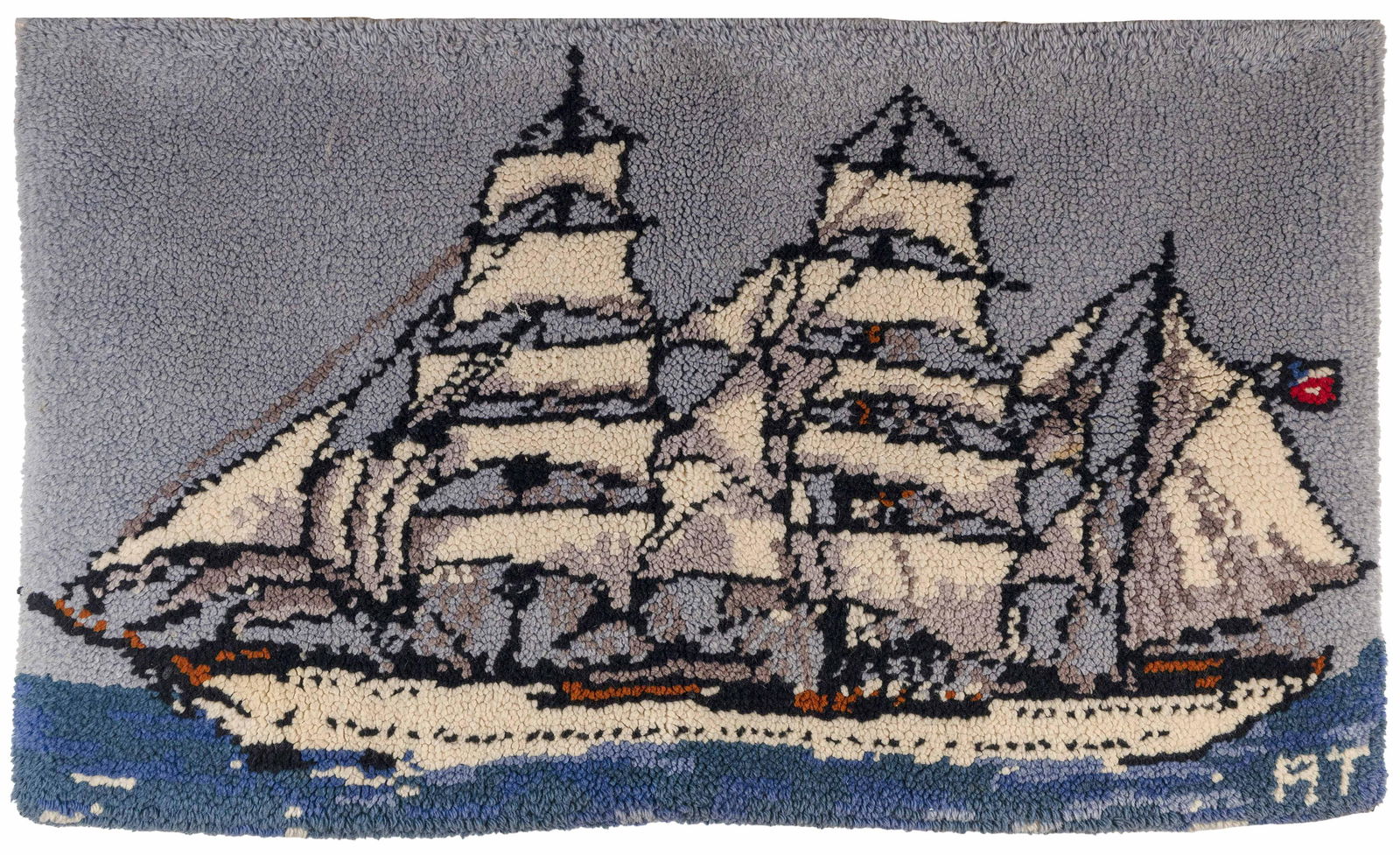 HOOKED WOOL RUG DEPICTING A WHITE-HULLED SHIP (1 of 1)