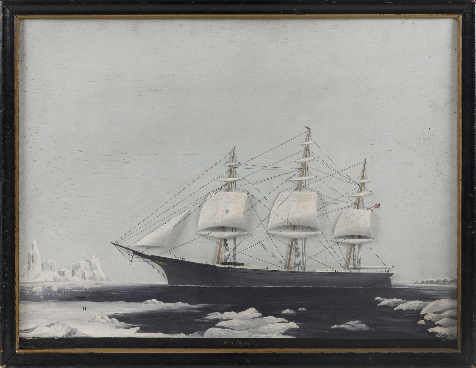 LLOYD HANSEN THOMAS: LLOYD HANSEN THOMASMaine, 1910-1990Diorama of the Red Jacket. Painted board with wood sails. After an N. Currier print of the Maine clipper ship Red Jacket in ice off cape Horn. Signed and dated lower